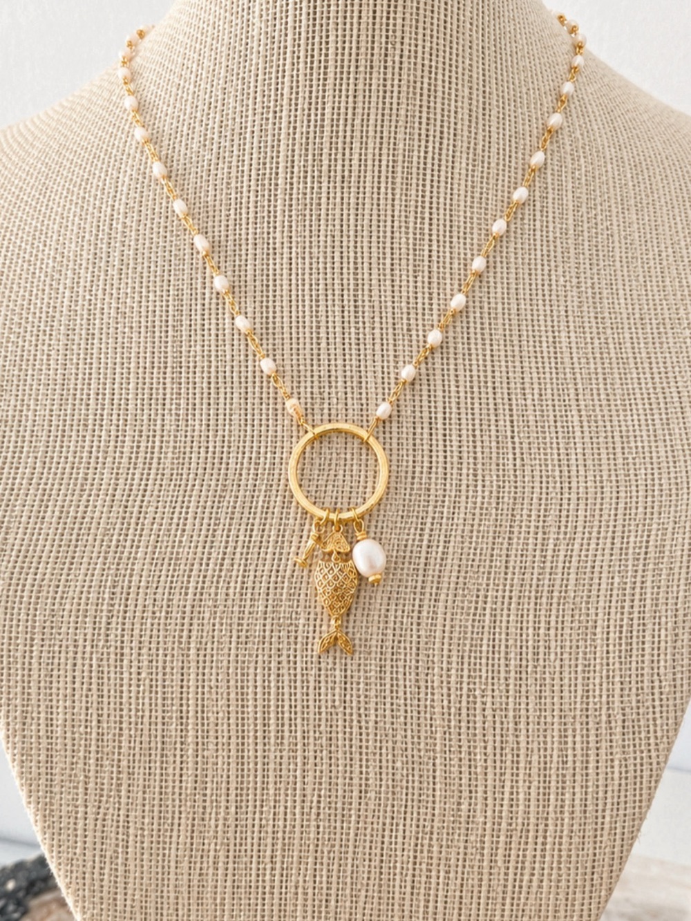 Gold Fish Charm Pearl Necklace with Ring Pendant - Women Jewelry